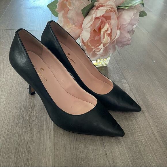 Kate Spade Vivian Pumps Black Leather Point Toe Heels - Picture 2 of 8